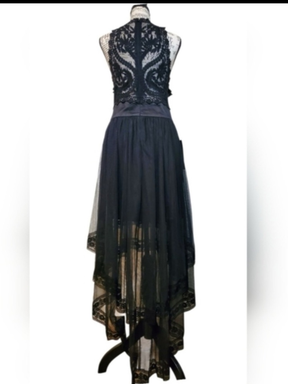 Bebe Black Crystal Bloom Embroider Tulle Lace Halter Dress goth witchy - Picture 3 of 7